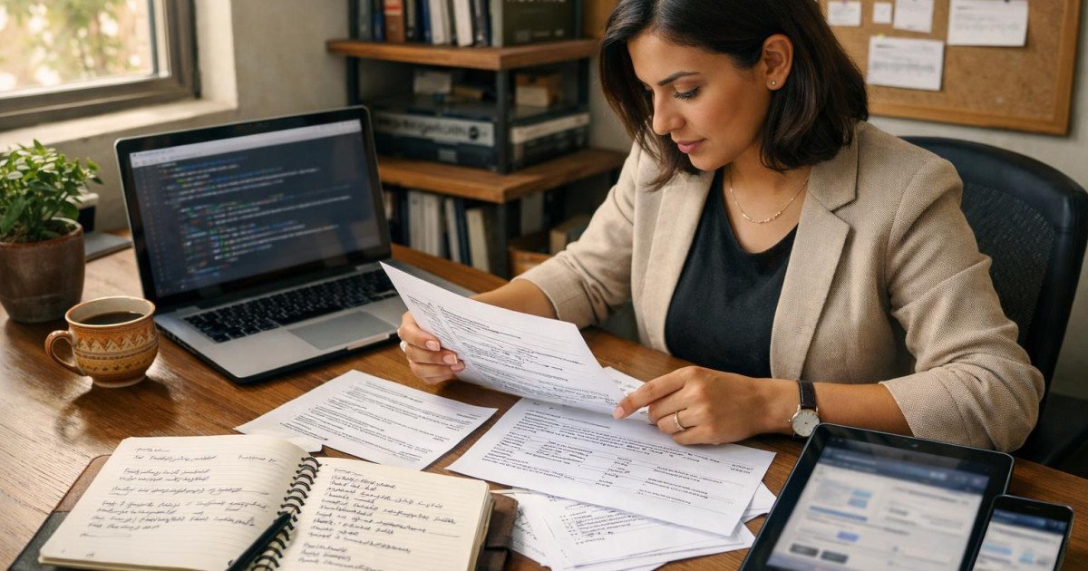 A young Egyptian woman web developer works at a wooden desk in a bright modern office, surrounded by printed XML sitemap files, a laptop with blurred code, a tablet, and a smartphone. She reviews sitemap documents and digital tools, symbolizing the practical process of creating and submitting XML sitemaps for website indexing. The scene includes warm natural light, a small plant, and a traditional coffee cup, reflecting a focused, authentic Egyptian digital workspace.