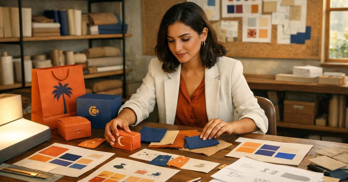 A young Egyptian female designer works in a bright Cairo creative studio, arranging physical brand mockups, color swatches, and typography samples on a wooden table, surrounded by soft natural light and warm orange and cobalt blue accents, illustrating the hands-on process of building a consistent brand identity.