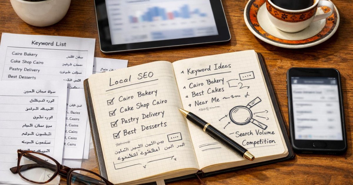 Overhead close-up of a wooden desk in a bright Egyptian small business office showing printed keyword lists, handwritten notes, a tablet with blurred analytics, and a smartphone with a keyword planner app. A traditional coffee cup and a small plant add warm local character. The scene captures the practical, detailed process of keyword research for an Egyptian small business website.