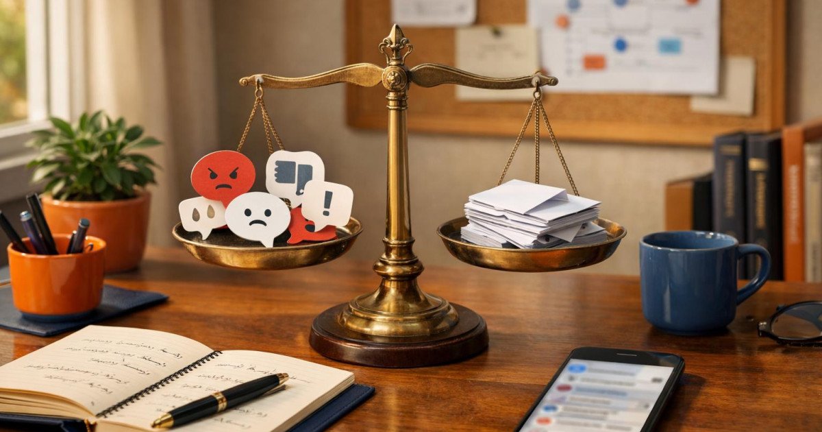 A photorealistic image of a modern Egyptian small business office desk featuring a brass balance scale weighing printed negative comment icons against folded notes symbolizing calm responses, surrounded by a notebook, smartphone, pen, and local decorative accents, illustrating the careful, balanced approach to managing negative social media comments.
