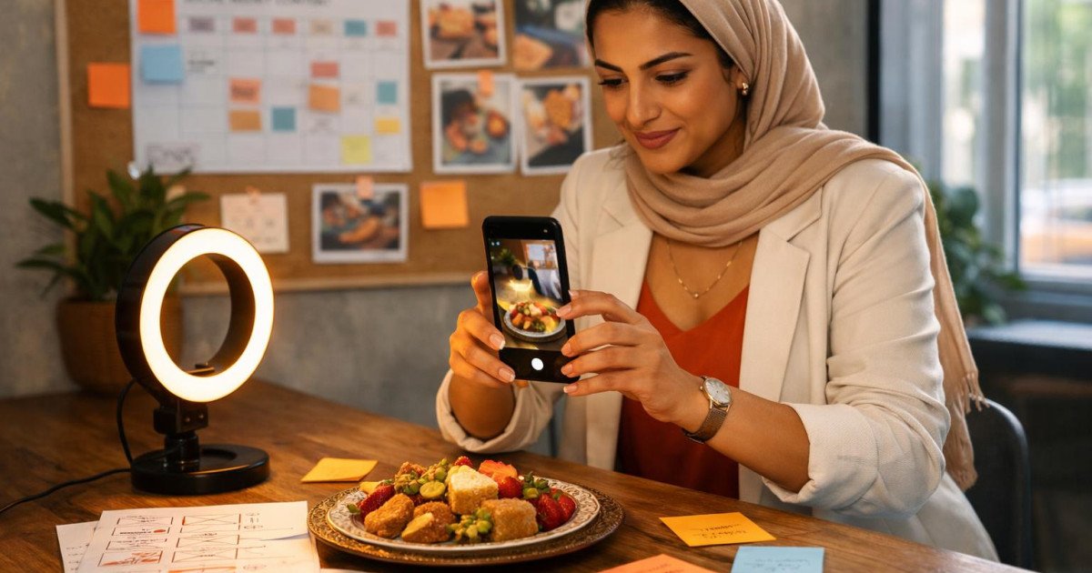 A young Egyptian woman in a modern creative workspace records a short video of Egyptian desserts on a wooden table, surrounded by story planning materials, warm lighting, and natural daylight, illustrating hands-on daily social media story creation for small business engagement.