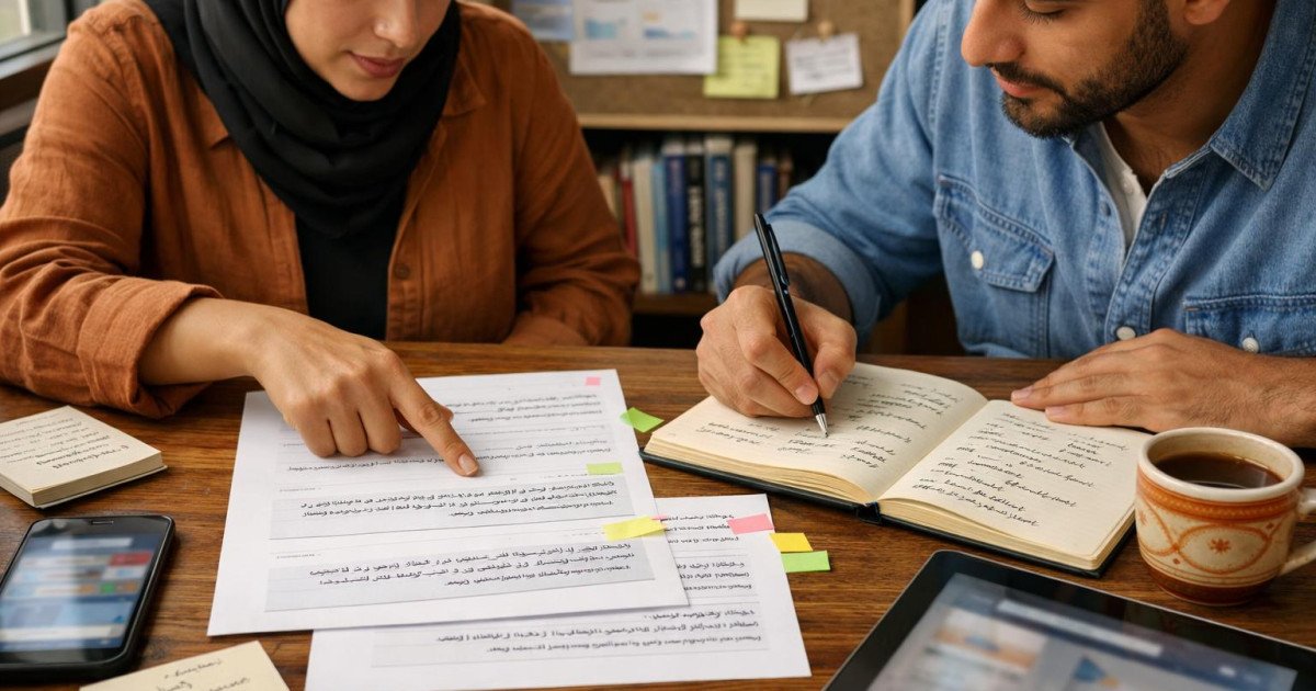 Two Egyptian marketing professionals collaborate at a wooden desk near a window, reviewing printed meta description drafts, notes, and keyword lists with digital devices nearby, in a warm, focused creative workspace that highlights the practical process of crafting effective meta descriptions for product page visibility.