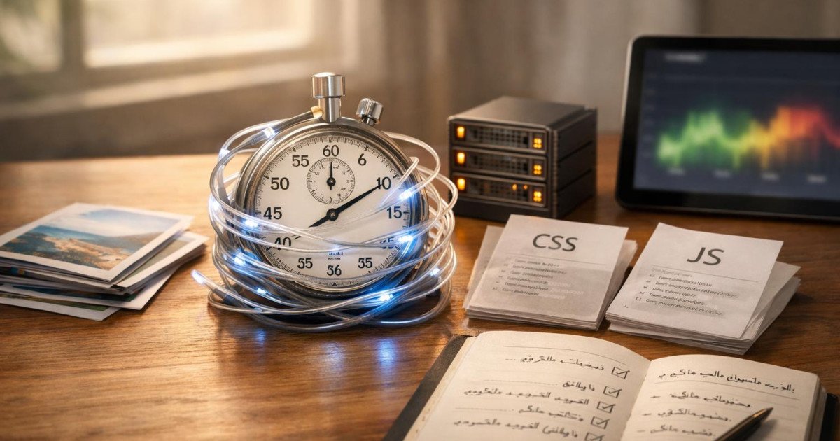 A photorealistic editorial scene showing a wooden desk with a vintage stopwatch entwined by glowing digital cables, next to printed code sheets, compressed images, a small server model with orange LEDs, and a notebook of handwritten website speed notes, lit by warm daylight in a modern Egyptian workspace, symbolizing the detailed process of measuring and improving website loading times.